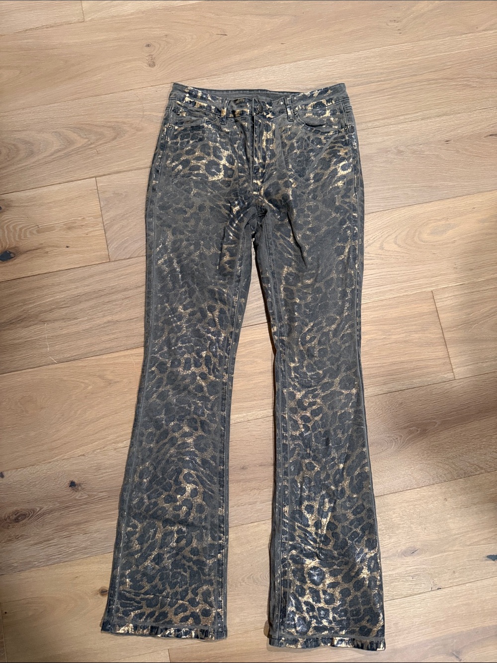 Women's Metallic Leopard Print Bootcut Jeans - Black and Gold